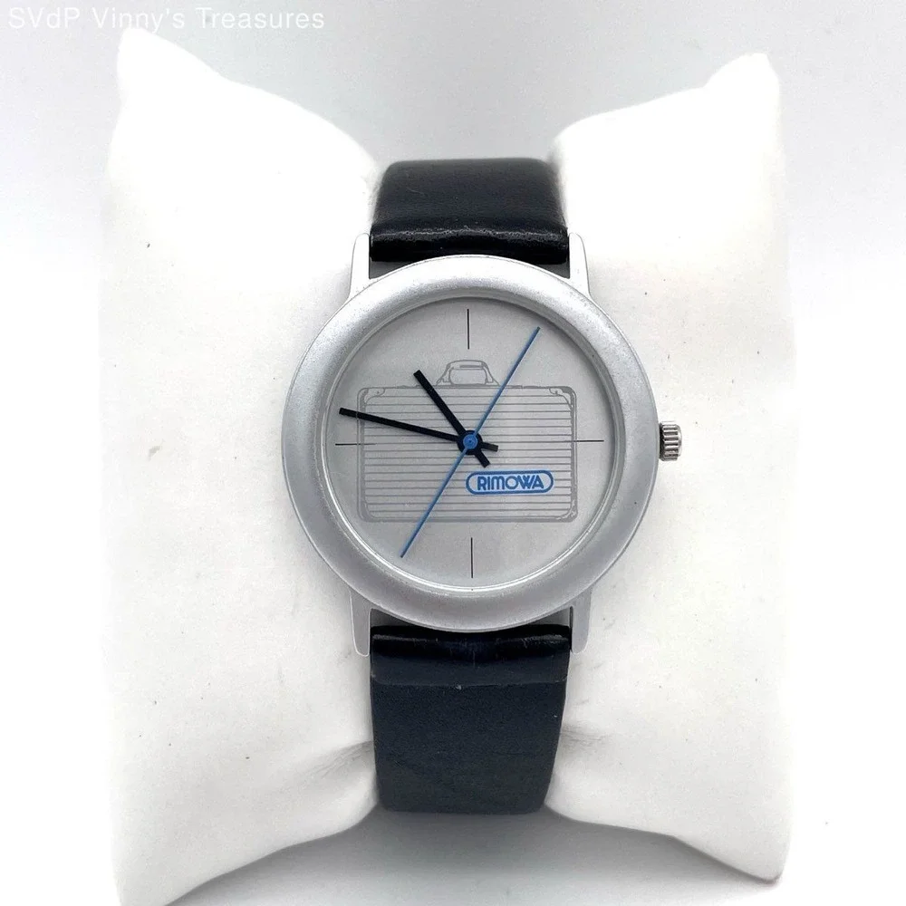 Rimowa Unisex Quartz Watch Silver Suitcase Graphic Dial Black Leather Strap